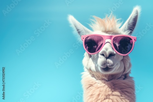A llama wearing pink sunglasses stands against a vibrant blue background. © pham