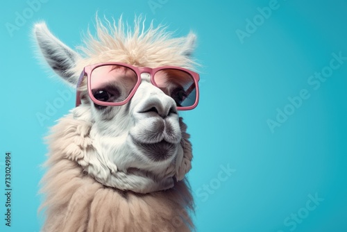 A llama with pink glasses stands against a vibrant blue background, creating a colorful and eye-catching scene. © pham