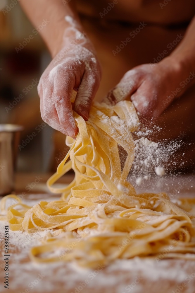 Close up view of hands making fresh italian pasta on wooden kitchen table
