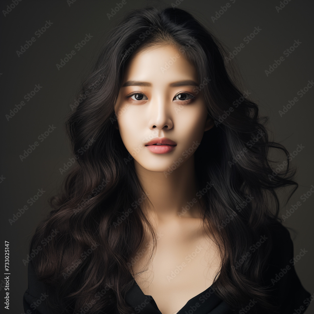 Fototapeta premium Korean Asian girl woman dark black hair beauty oriental cosmetics model profile photo white sleeveless top bareface beautiful modern 