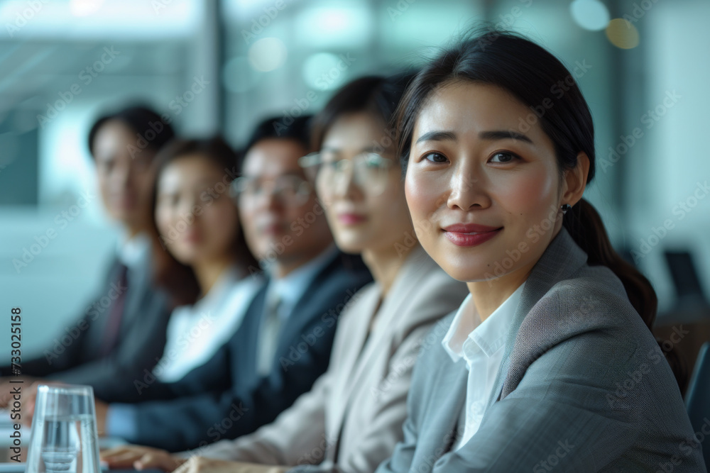 A group of Asian business professionals engaged in a discussion during a corporate meeting in a modern office environment. A group of Asian business professionals engaged in a discussion during a corporate meeting in a modern office environment.