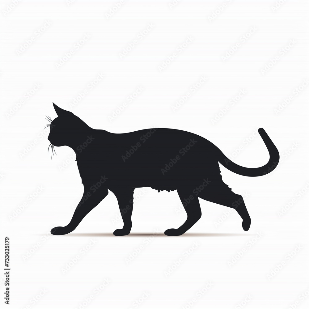 Vector Illustration of Silhouetted Cat Walking Against White Background, Minimalistic Design Depicting Feline Grace and Elegance in Monochrome Contrast
