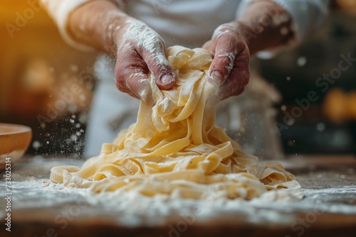Close up view of hands making fresh italian pasta on wooden kitchen table