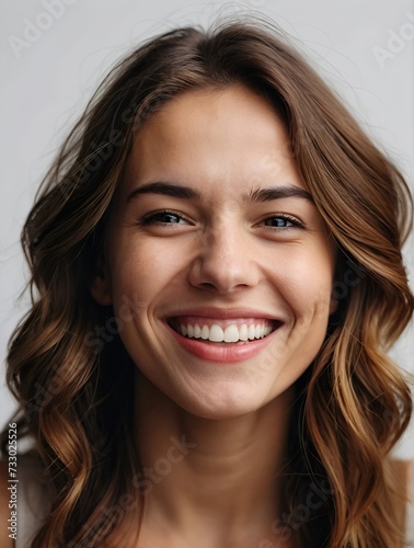 Portrait of attractive millennial woman smiling with happiness looking at camera  perfect gummy smile  Closeup.