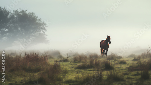 A horse in a misty morning pasture
