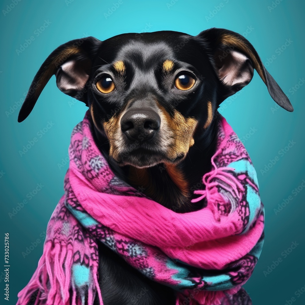 A photo of a dog wearing a pink scarf against a vibrant blue background.