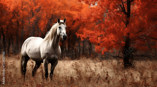 A horse in a pasture with autumn leaves © Muhammad