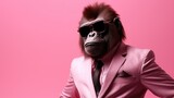A photo of a monkey donning a pink suit and sunglasses, posing for the camera.