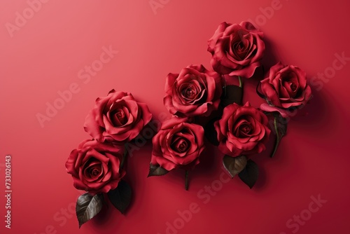 A photo showcasing a collection of vibrant red roses arranged on a red background.