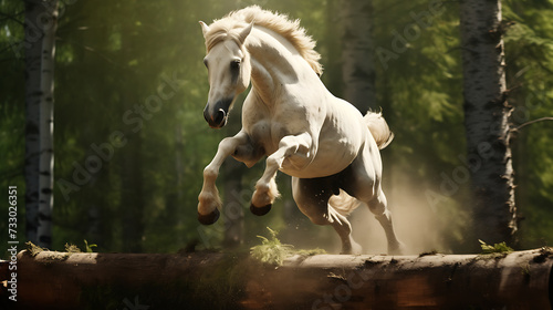 A horse jumping over a log in a forest