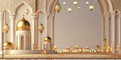 golden podium background with 3d rendering of mosque in Ramadhan for product presentation. Ramadan product display  with empty space 