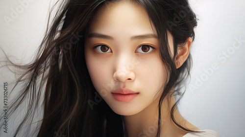 Korean Asian girl woman dark black hair beauty oriental cosmetics model white background white top bareface beautiful modern 