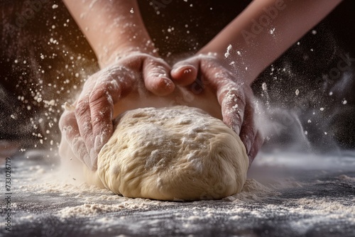 Close up view of pair of hands kneading dough in the kitchen