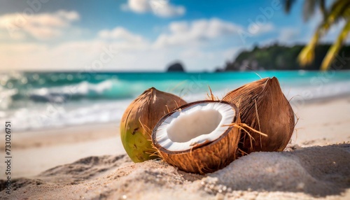 Coconuts on sandy beach with blurred ocean view. Beautiful tropical resort