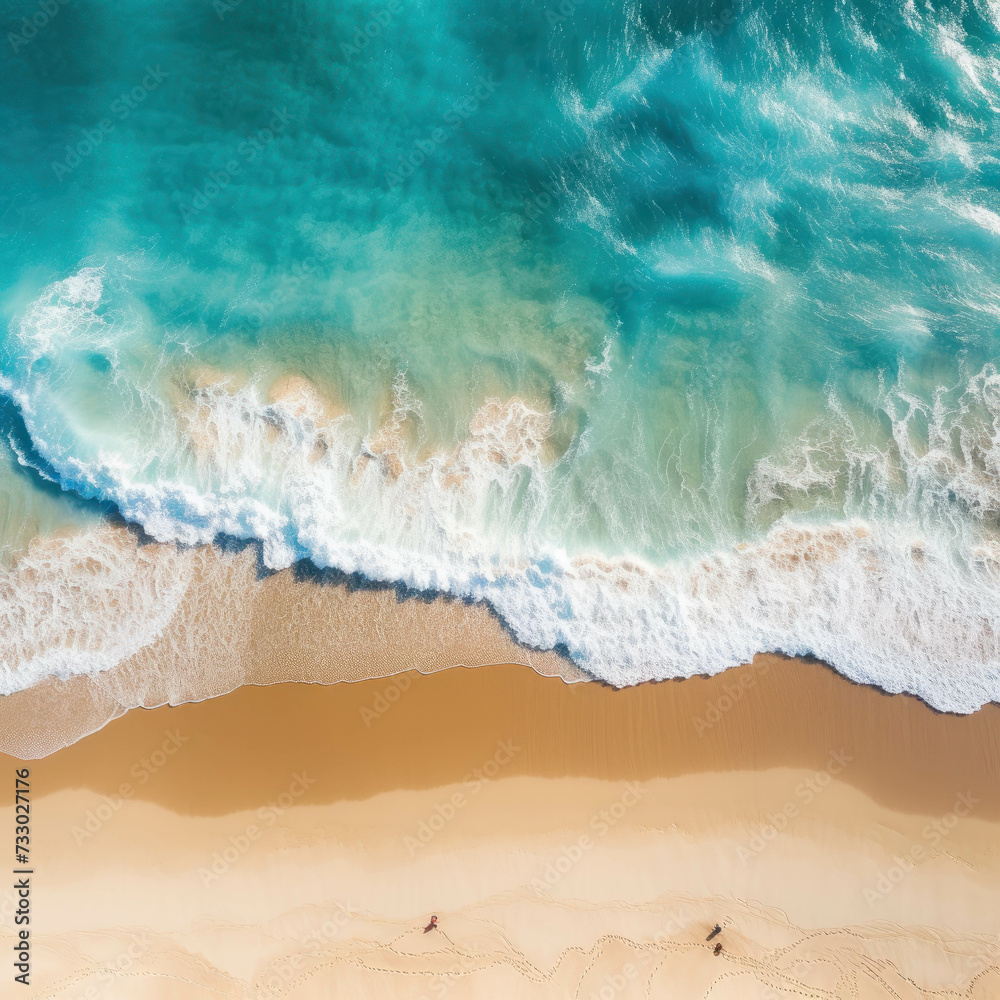 Fototapeta Dive into the serene tranquility of a breathtaking aerial view showcasing a tranquil beach and expansive ocean. AI generative.