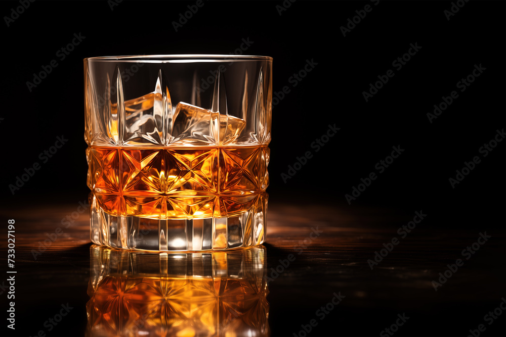 Whiskey glass with ice cubes on black background. Whiskey glass with ice cubes on black background.