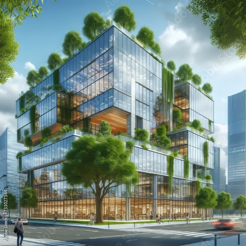 Sustainable glass office building with trees for reducing heat and carbon dioxide. Office building with green environment