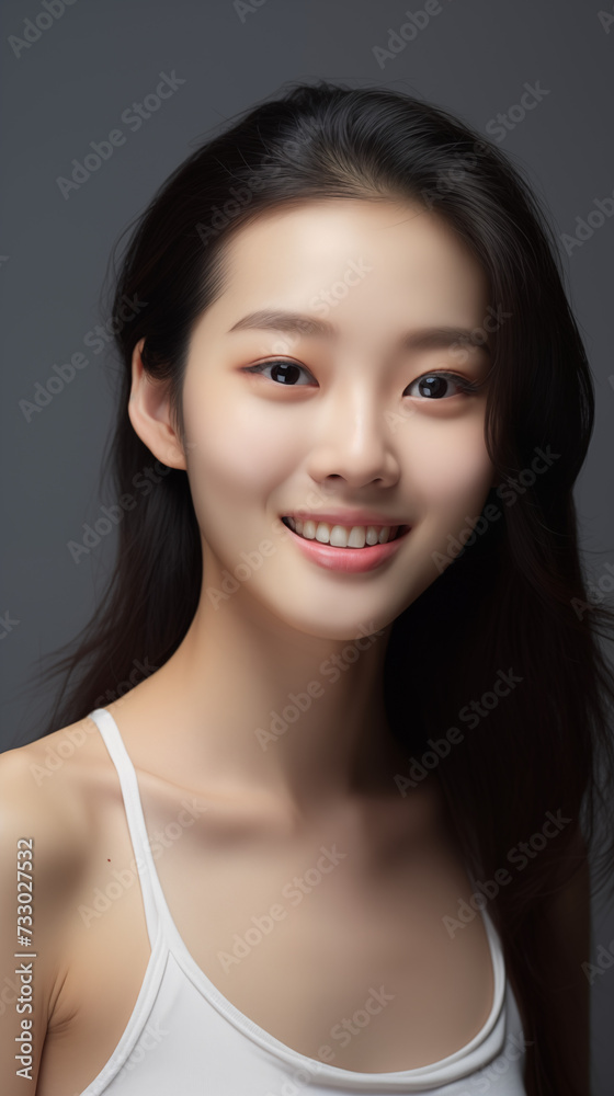 Smiling Korean Asian girl woman dark black hair beauty oriental cosmetics model profile photo white sleeveless top bareface beautiful modern Smiling Korean Asian girl woman dark black hair beauty oriental cosmetics model profile photo white sleeveless top bareface beautiful modern