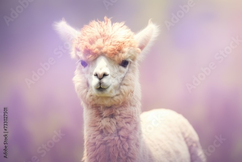 A white llama stands with a unique pink mohawk on its head, showcasing its distinctive style.