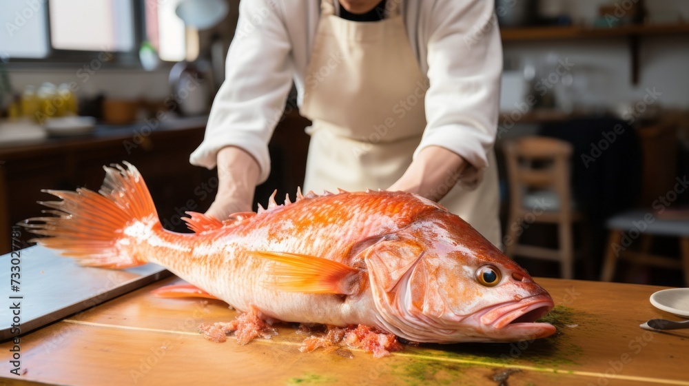 Beautiful composition of a fried fish dinner. Fresh fatty fish served