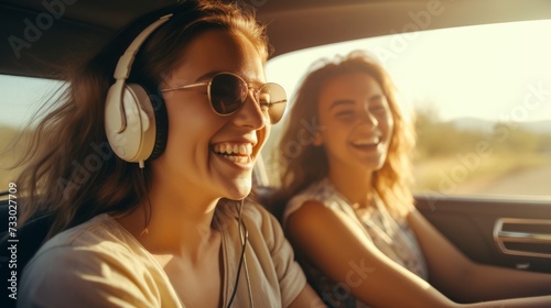 Two young women listen and sing songs, dance in the car during the trip. Best friends have fun together, Travel at sunset.
