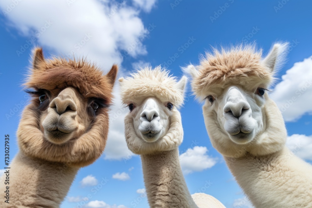 Three llamas are in a row, standing upright with their heads raised in an alert pose.