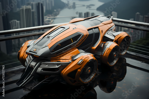 Futuristic vehicle parked on high ground the background is cityscape far away can be used to supplement advertisements for other product or service related to technology, the future, luxury or modern.