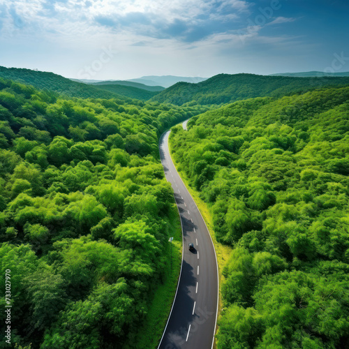 Journey through the natural landscape from an aerial viewpoint, revealing the beauty of a green forest and winding road. AI generative.