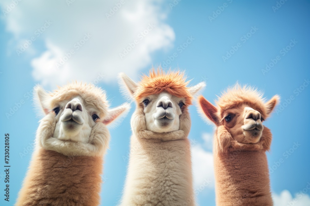 Three llamas in a row, standing against a vibrant blue sky backdrop.
