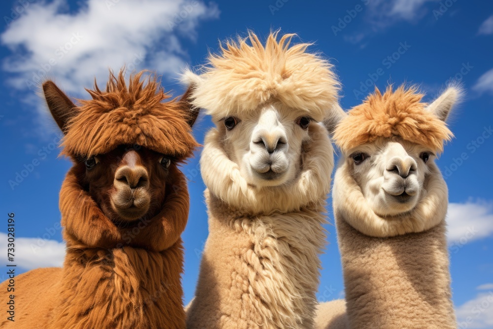 A group of llamas, with their fluffy coats and long necks, standing next to each other in a field.