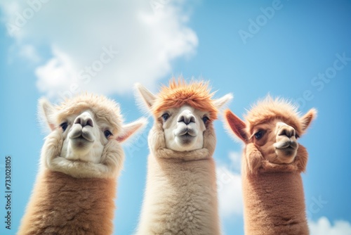 Three llamas in a row, standing against a vibrant blue sky backdrop.