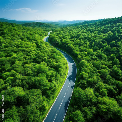 Explore the serenity of a forest road winding through lush greenery from a drone's eye view. AI generative.