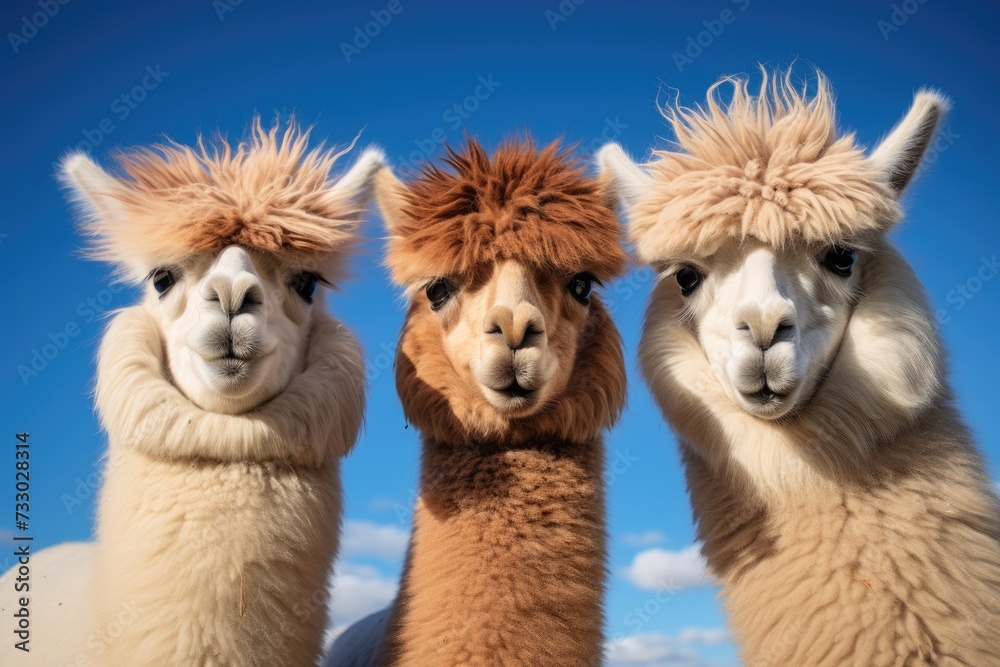 Three llamas, animals from the camelid family, standing next to each other under the bright sun on a clear day.