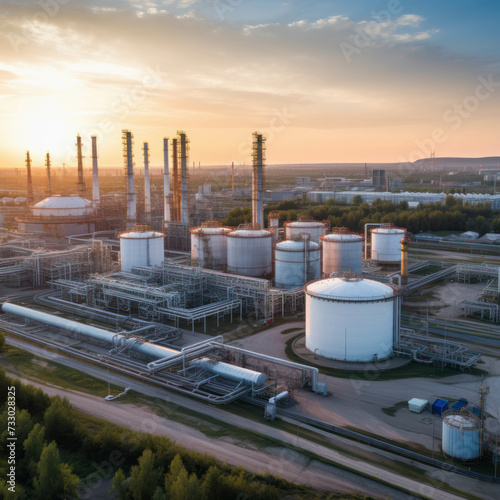 Explore the industrial landscape with an aerial view of a bustling petrochemical refinery in the morning light. AI generative. photo