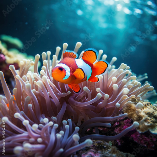 Discover the wonders of marine life with a clownfish swimming among vibrant coral and anemone reefs. AI generative. © น้ำฝน สามารถ