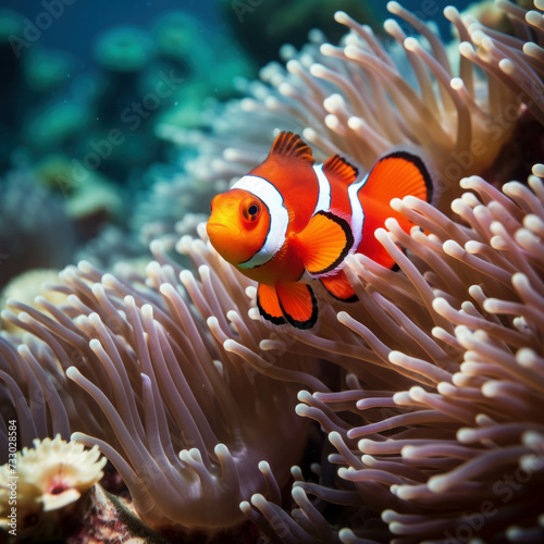 Experience the magic of the deep sea with a clownfish amidst colorful coral and anemones in their natural habitat. AI generative.