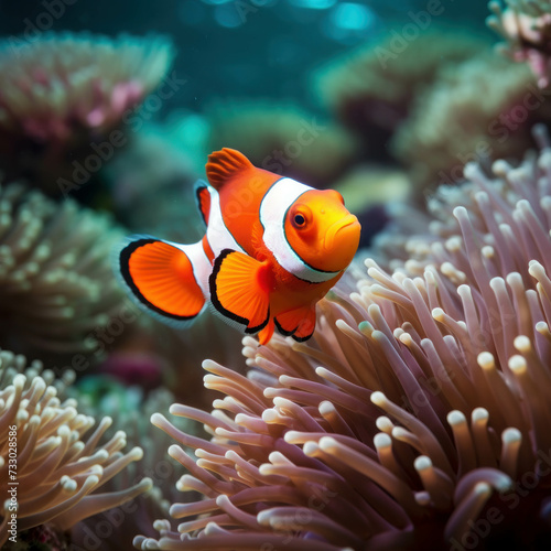Experience the magic of the deep sea with a clownfish amidst colorful coral and anemones in their natural habitat. AI generative.
