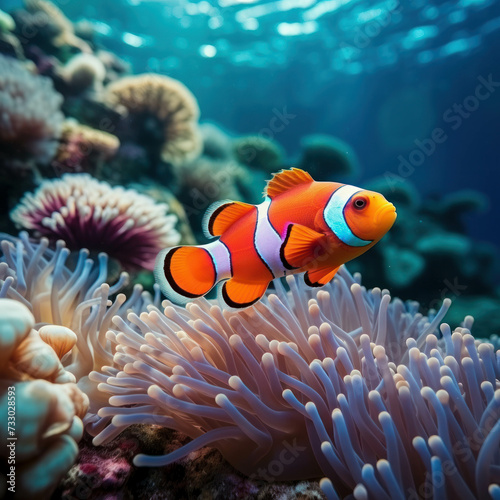 Immerse yourself in the beauty of the ocean with a clownfish swimming near colorful coral and anemones. AI generative.