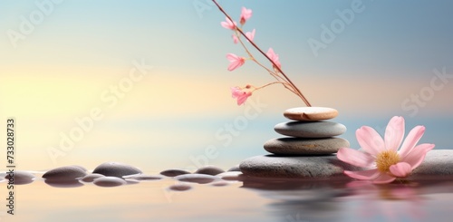 A pink flower gracefully sits atop a mound of rocks amidst a natural landscape.