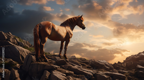 A horse standing on a rocky cliff