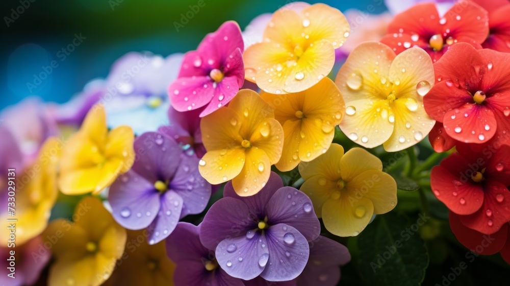 A closeup of rain soaked flowers under a rainbow