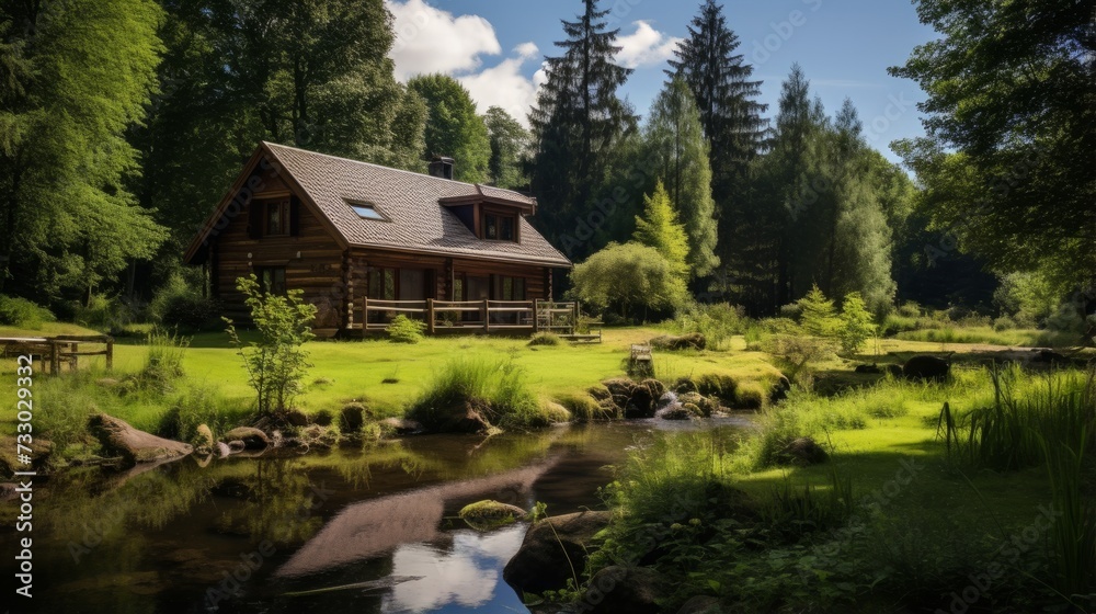 Obraz premium A forested retreat pension with tranquil trails and birdwatching opportunities