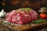 Raw rib eye steak of beef on wooden Board with seasonings and rosemary prepared for grill