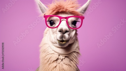 A llama wearing pink glasses is pictured against a pink background.