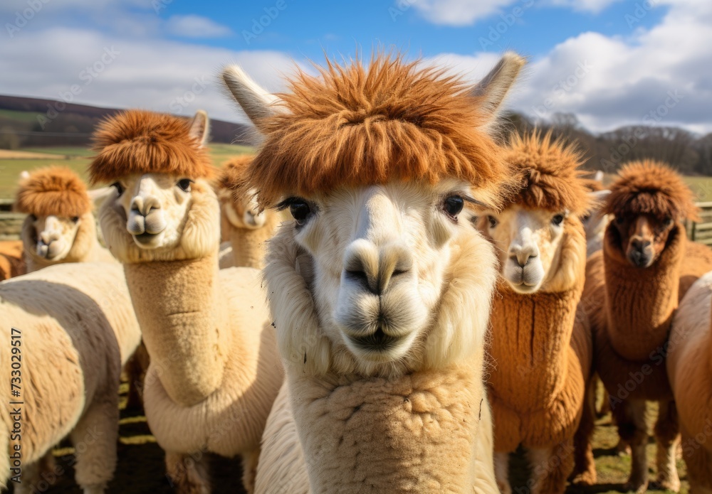 A group of llamas with red hair standing next to each other in a field.