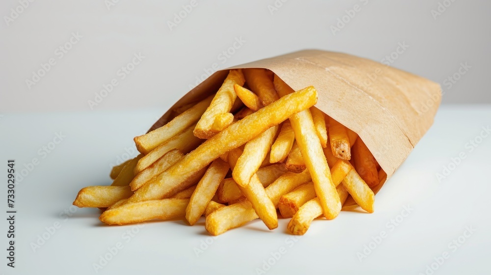 A potato chips or french fries in a paper bag on a white background. A potato chips or french fries in a paper bag on a white background.