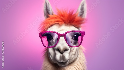 A llama wearing vibrant pink glasses and a matching wig stands out in a playful and eye-catching fashion.