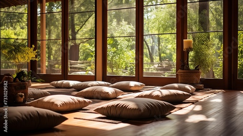 A peaceful zen meditation hall with cushions for practitioners photo