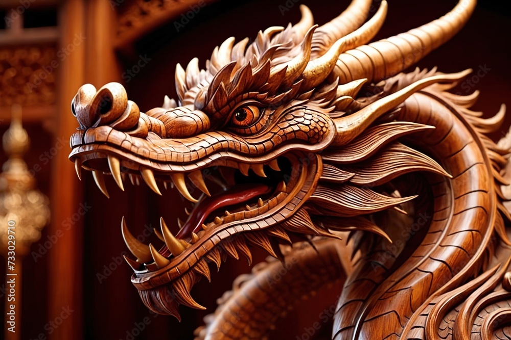 Wooden chinese dragon, chinese new year 2024 year of wood dragon zodiac elemental animal - obrazy, fototapety, plakaty 