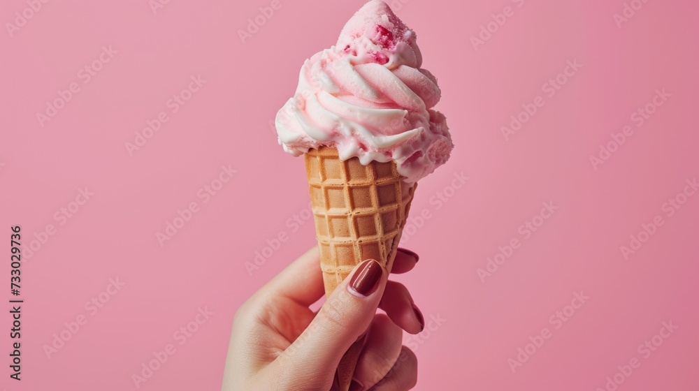A woman's hand holding an ice cream cone against a pastel color background A woman's hand holding an ice cream cone against a pastel color background